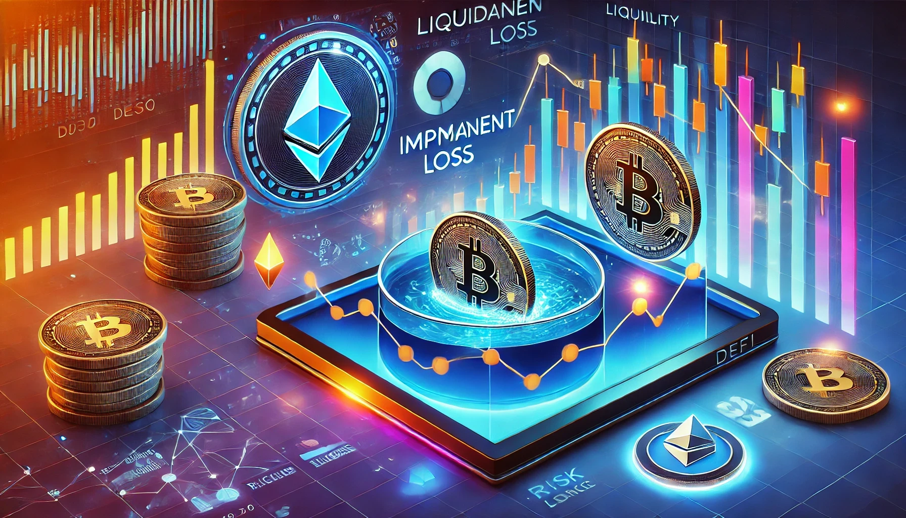 An illustration of impermanent loss in DeFi, showing a liquidity pool, two cryptocurrency tokens, a price divergence graph, and a shield representing risk mitigation strategies.