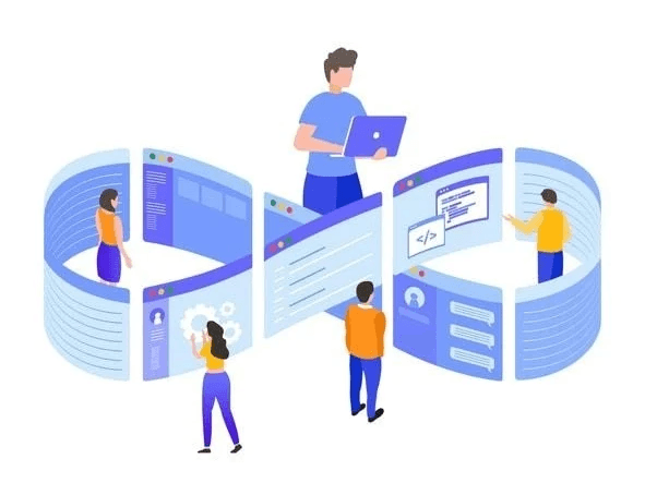 Illustration of people collaborating around a continuous integration loop with digital panels, symbolizing the benefits of adaptive software development such as flexibility, automation, and iterative improvement.