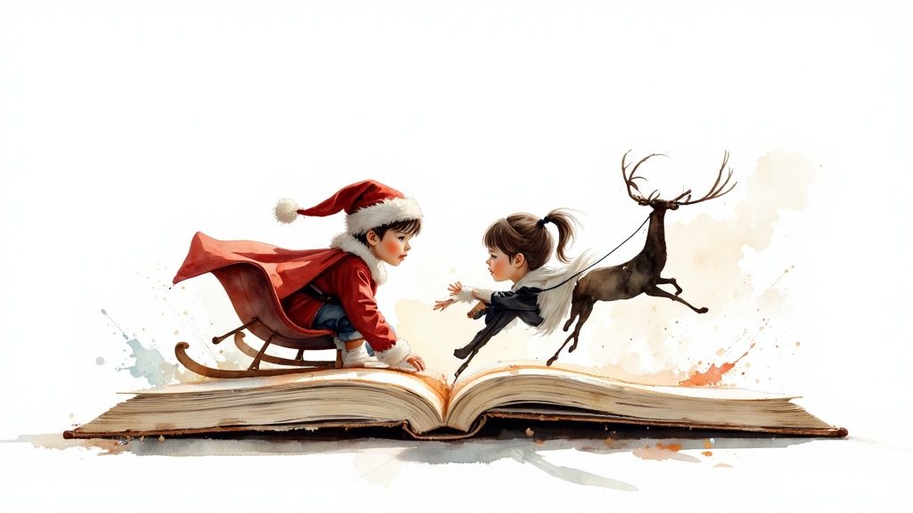 Whimsical watercolor illustration showing children riding sleigh and reindeer emerging from open storybook