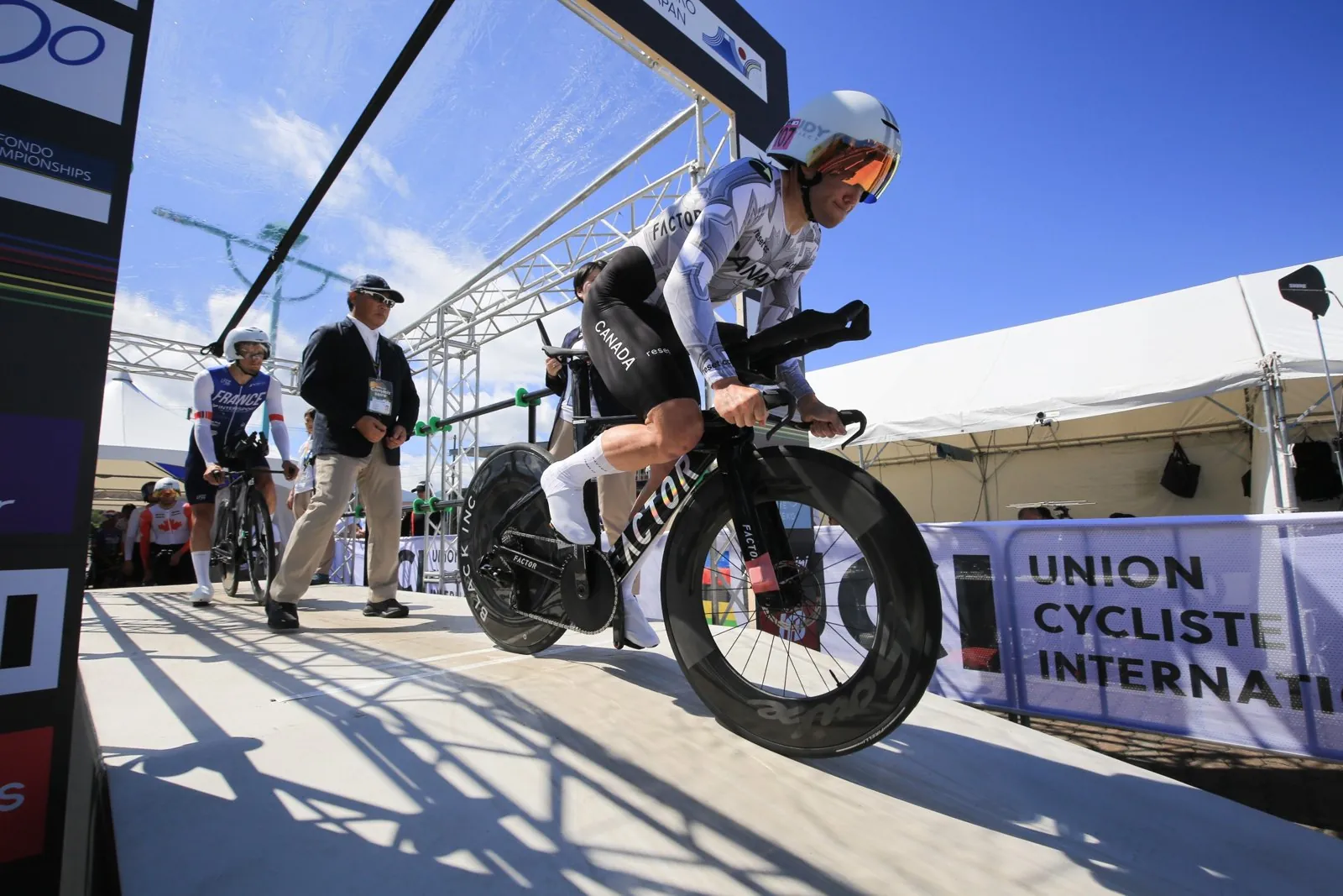 Zack Morris leaving the start ramp in the M35-39 time trial at the 2026 UCI Gran Fondo World Championships in Niseko