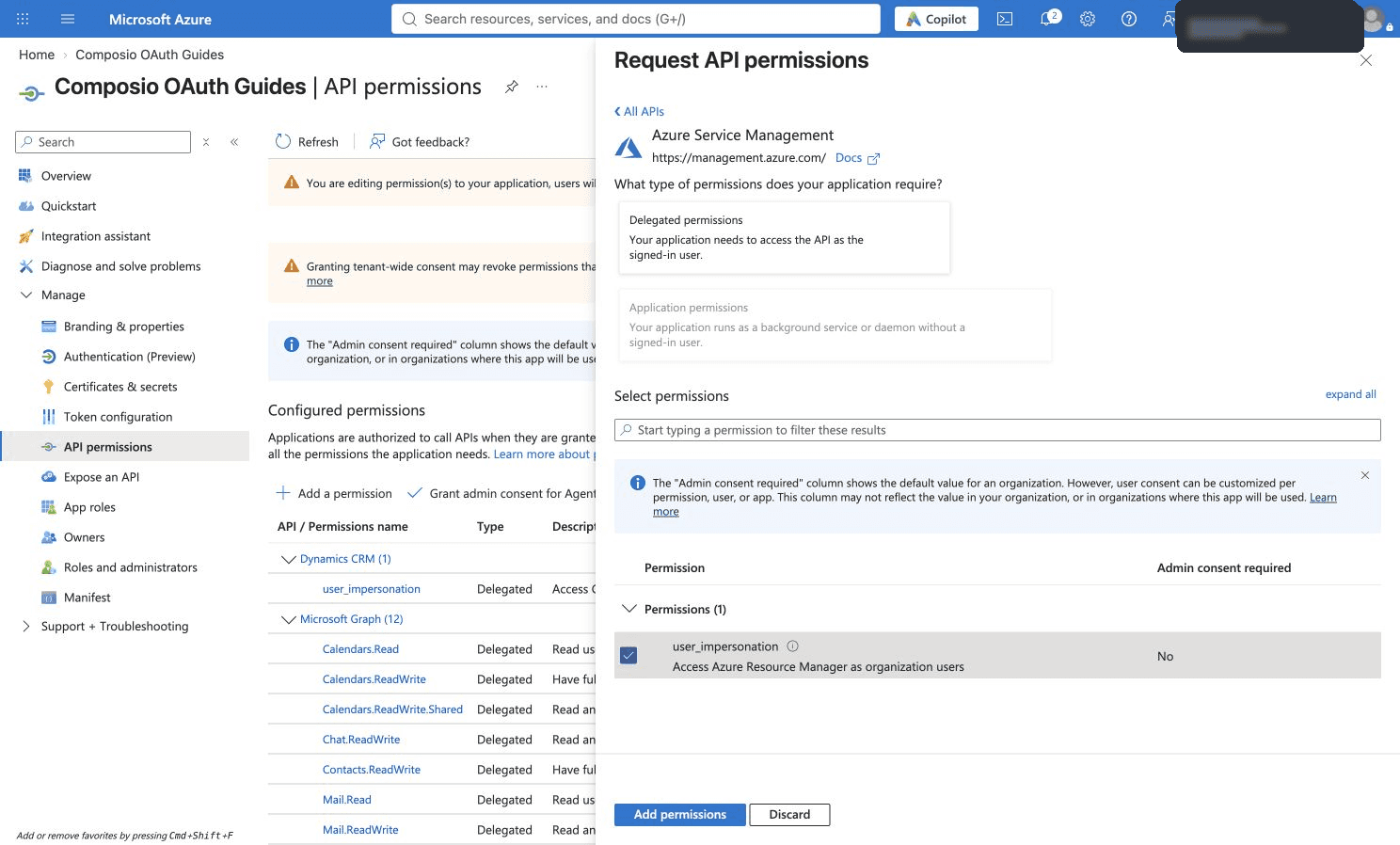 Selected delegated Azure Resource Manager user_impersonation permission