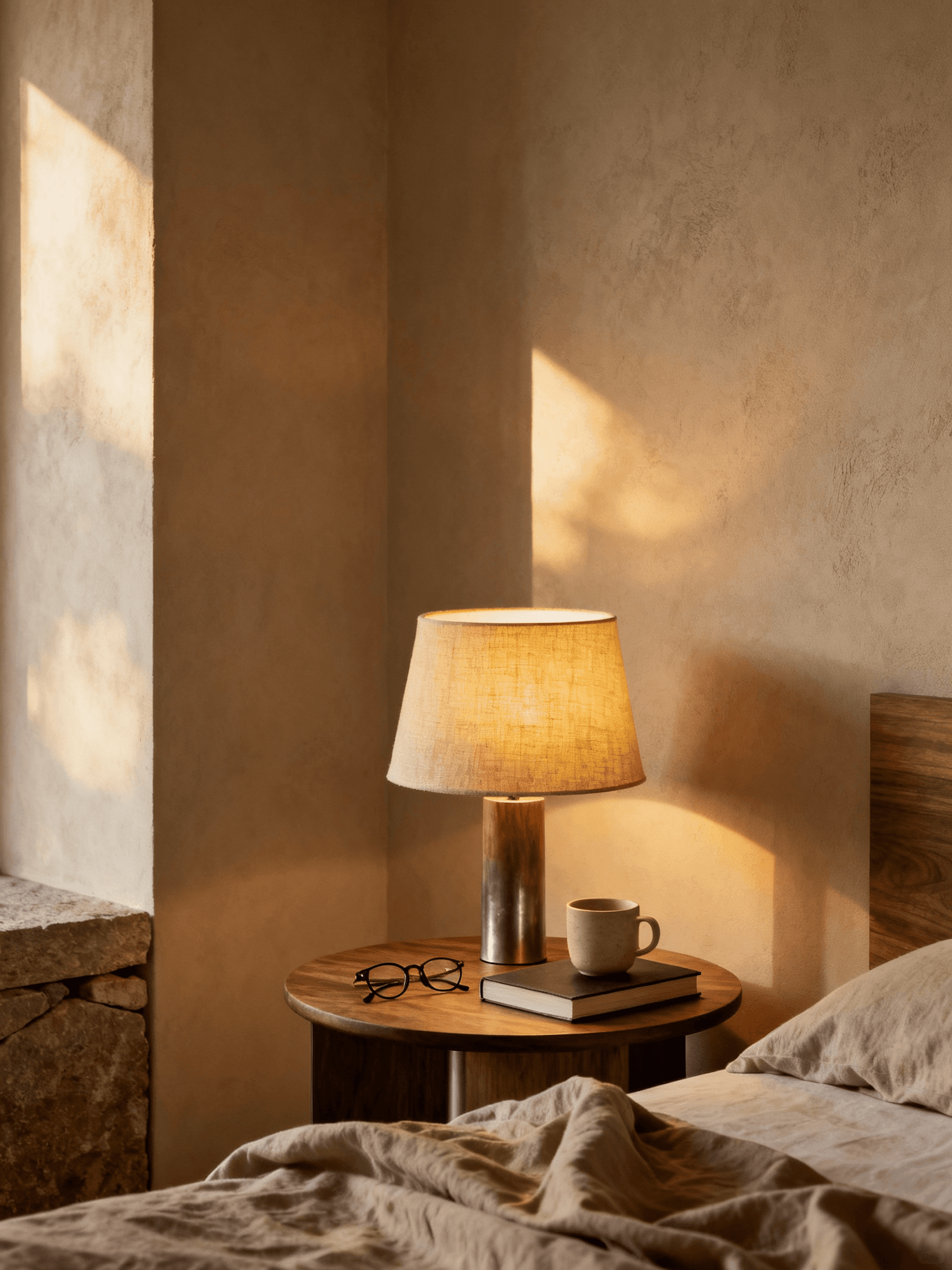 Cozy bedroom corner with warm plaster walls, wooden nightstand, table lamp with linen shade, reading glasses, book, coffee cup, and rumpled bed linens