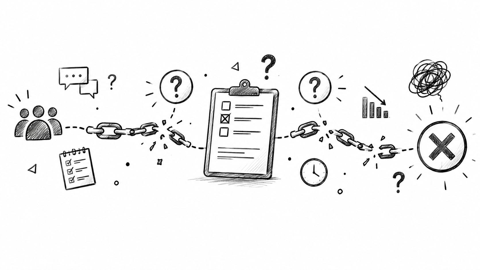 A hand-drawn illustration showing a broken chain connecting people, a clipboard, and a failure symbol.