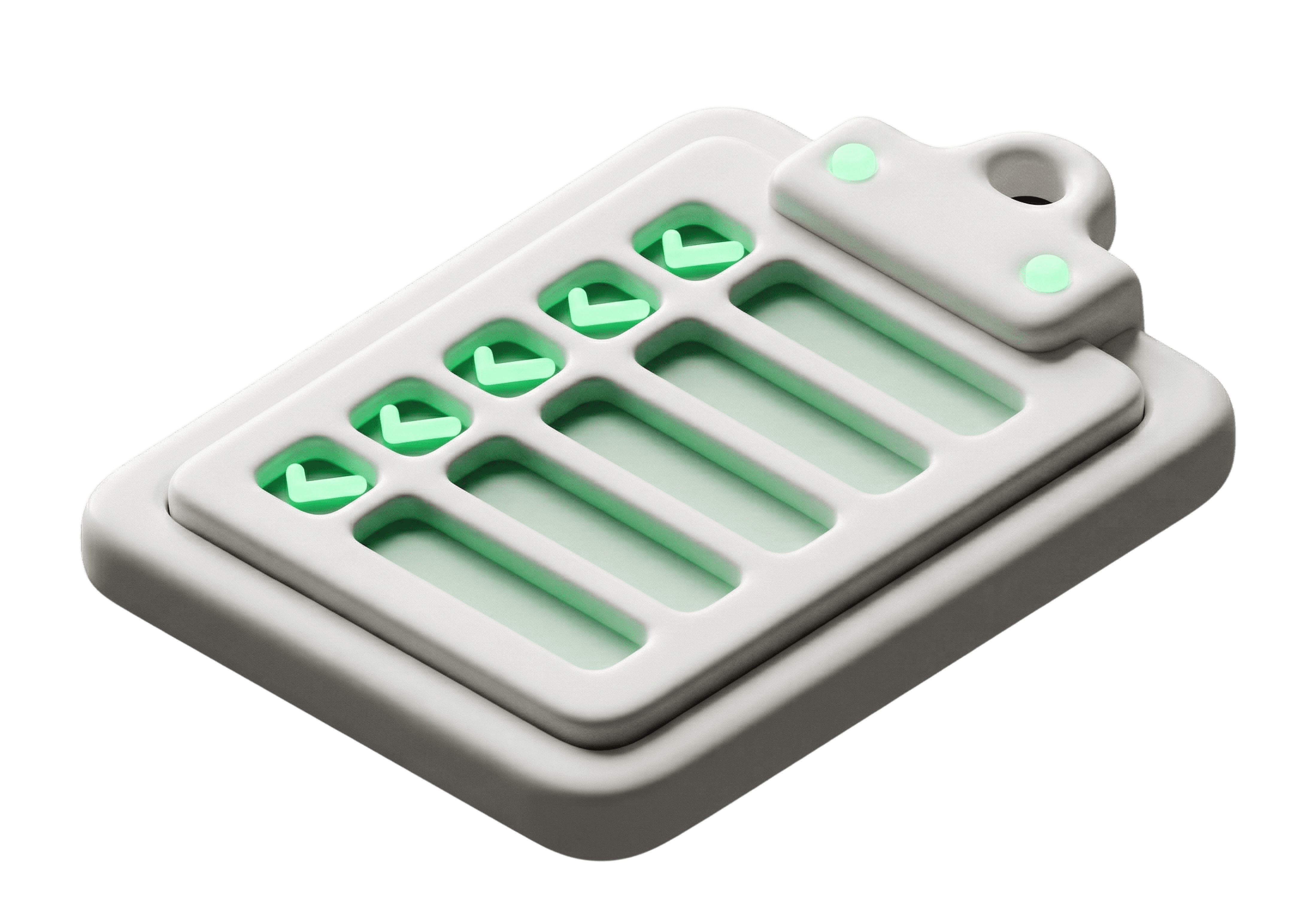 3D rendered white clipboard icon with glowing green checkmarks on a black background, symbolizing task completion and automation.