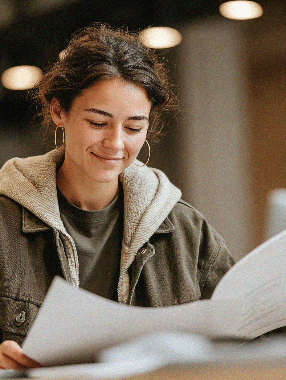 A young woman with her hair loosely tied back and wearing hoop earrings smiles gently while looking down at a sheet of paper she is holding. She is dressed in layered casual clothing, including a hoodie under a jacket. The background is softly lit with warm tones and blurred lights, suggesting an indoor setting such as a classroom, office, or café.