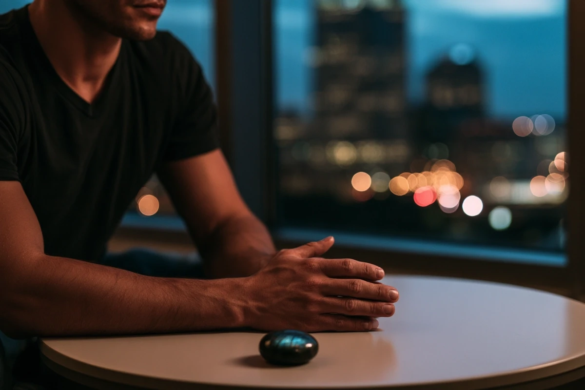 A labradorite palm stone with vivid blue iridescent flash resting on a table near a window at dusk, soft blurred city lights in the background.
