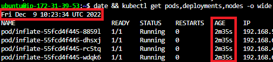 Terminal showing the current date together with four inflate pods that restarted about two and a half minutes earlier, after kube-green scaled the deployment back up
