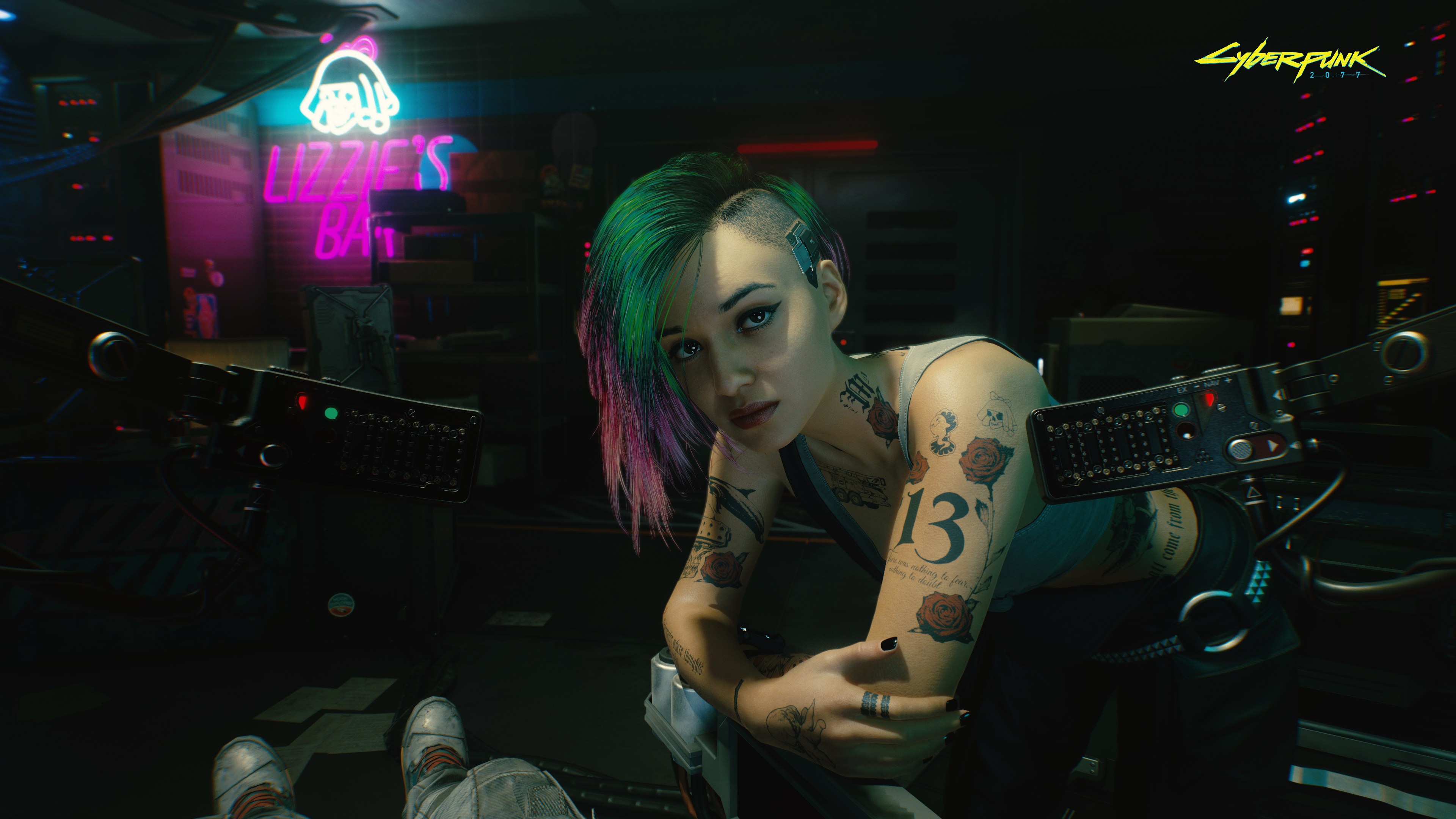 A character with short, colorful hair, tattoos, and piercings leans over towards the camera in a futuristic setting. She is surrounded by neon lights, robotic equipment, and a sign that reads "Lizzie's Bar." The scene has a cyberpunk aesthetic.