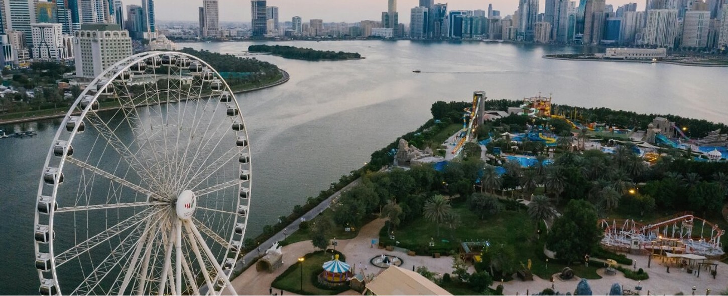Arial view of a Fairis wheel in Sharjah city in the UAE