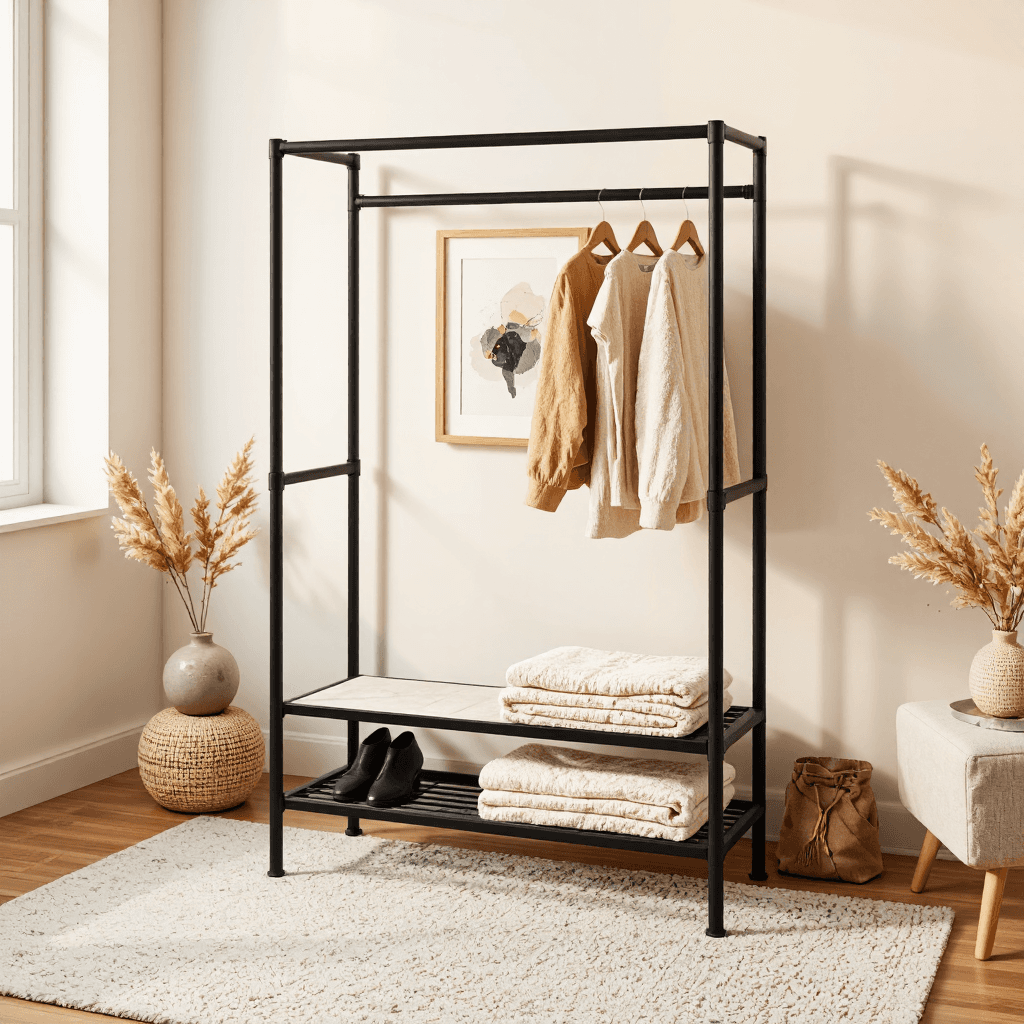 product photography of a clothing rack with storage