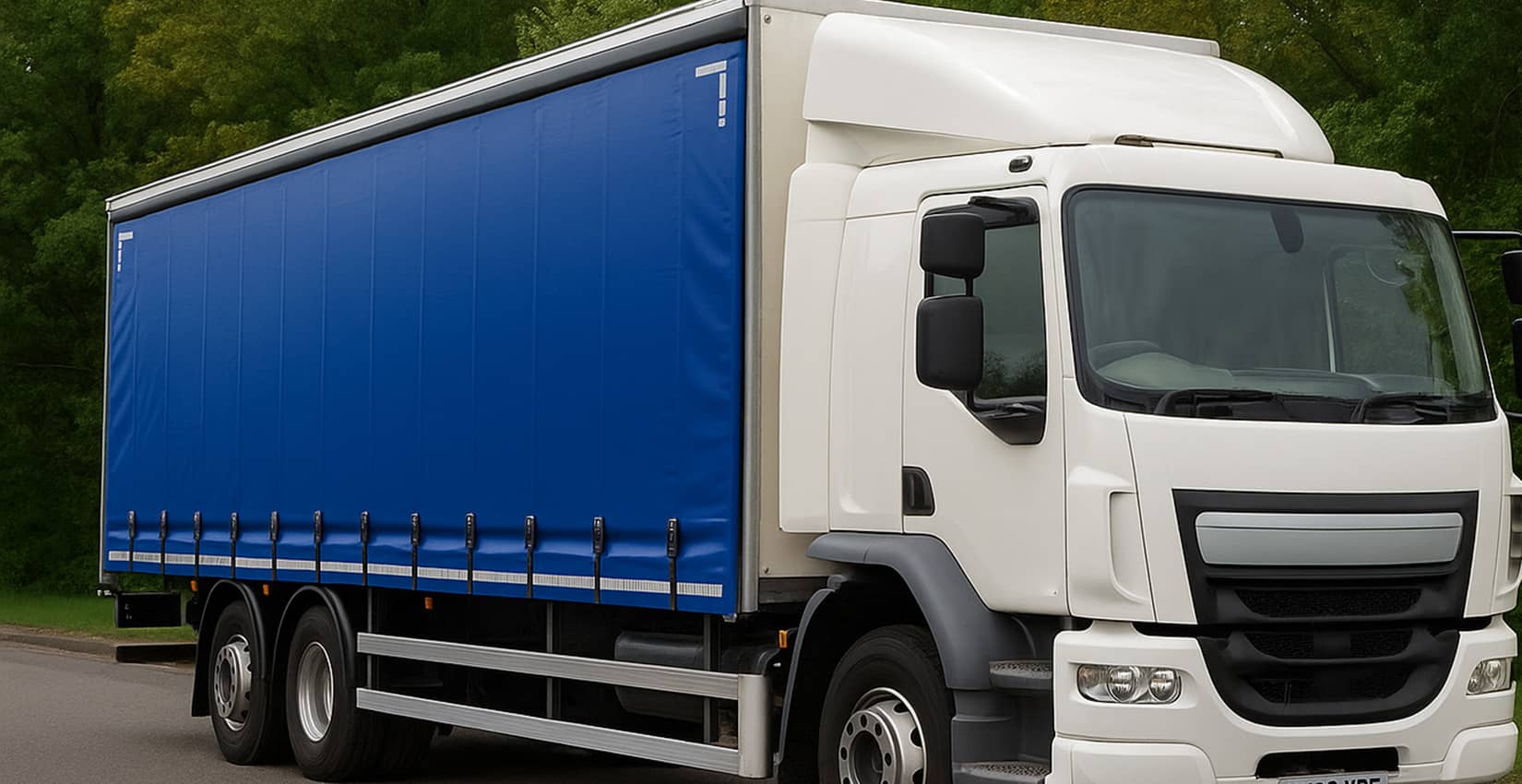 image of a 26 Tonne truck with blue curtainside trailer parked on a yard