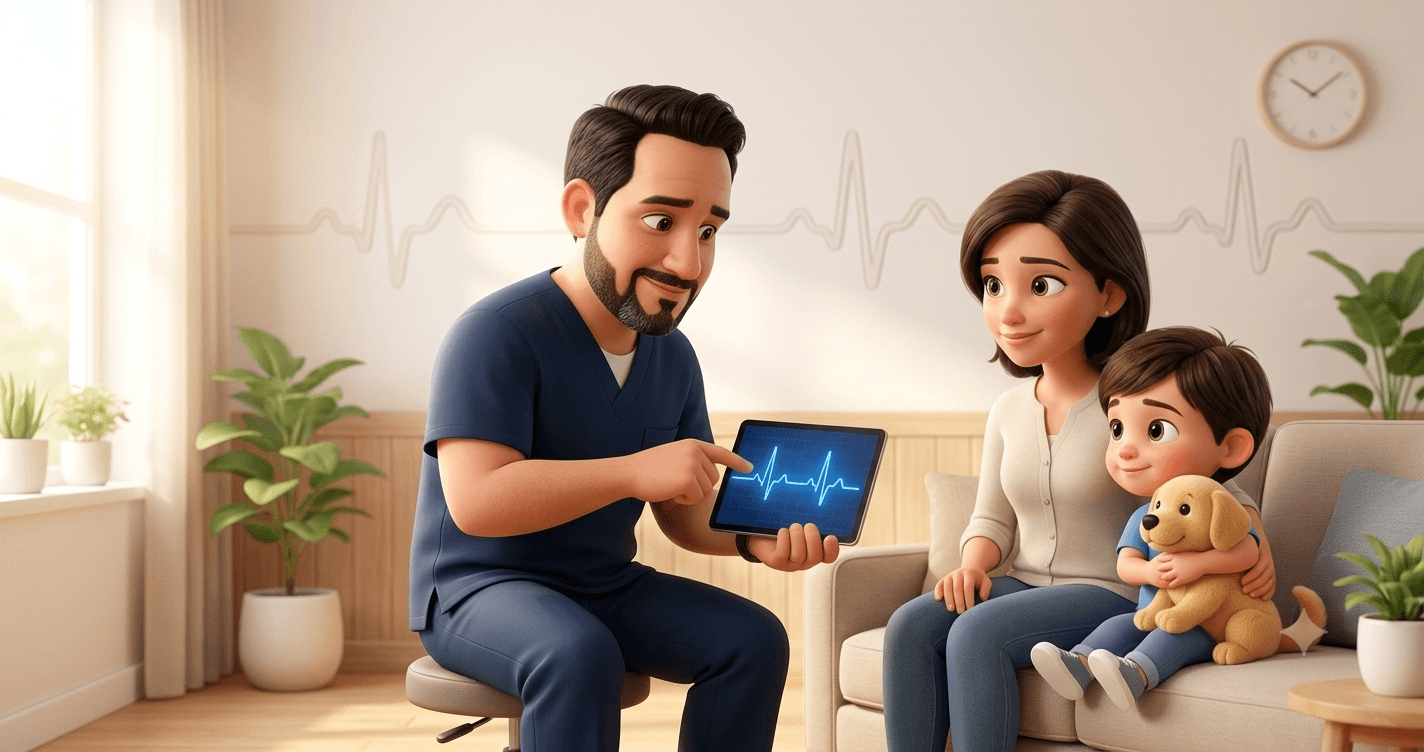 Ilustración del Dr. Ovidio Cortazar, electrofisiólogo cardíaco pediátrico en México, mostrando con calma una línea de electrocardiograma a una mamá y su hijo(a) — artículo sobre el síndrome de QT largo en niños.