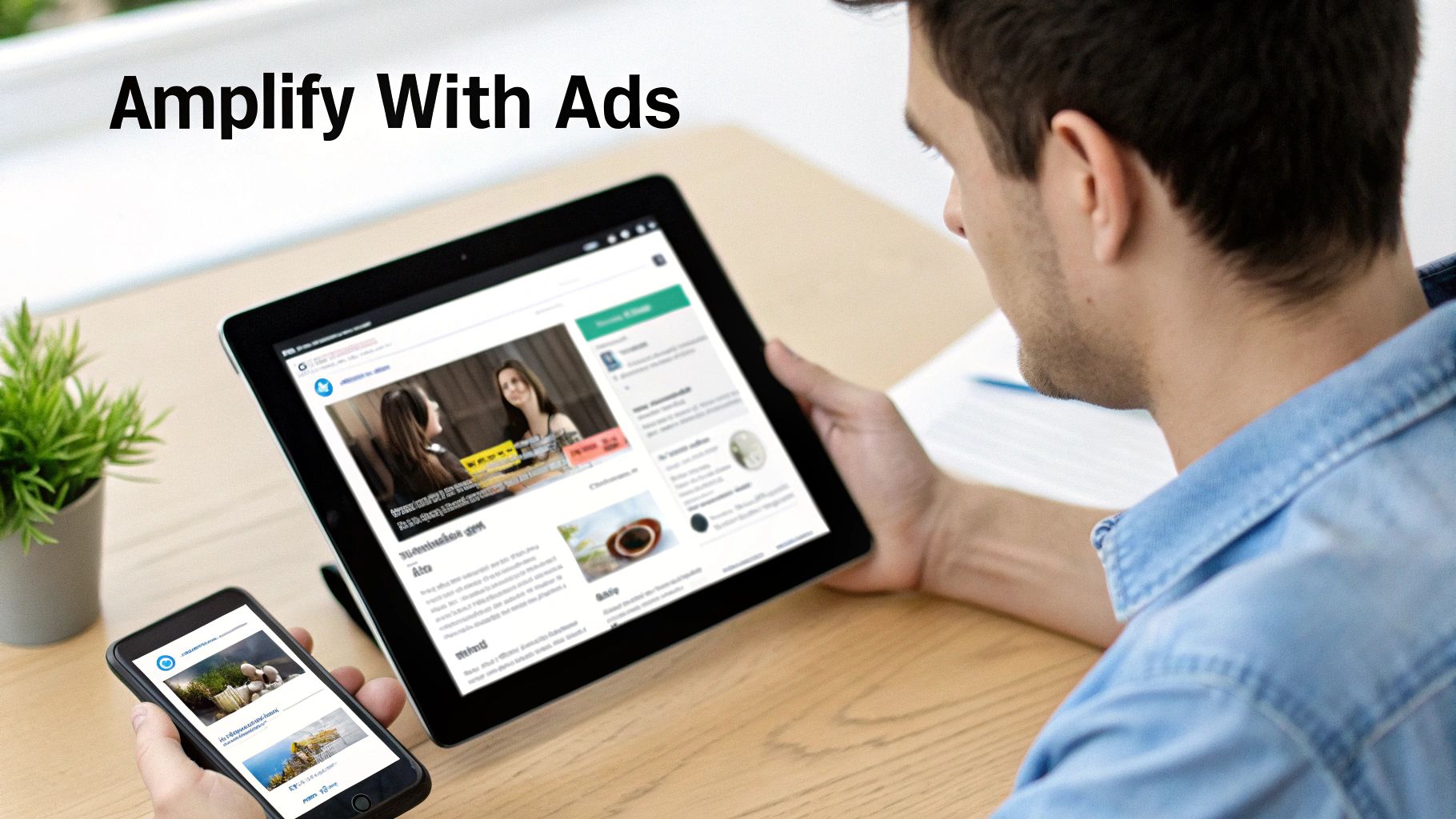 A man views digital content on a tablet and smartphone, highlighting online advertising.