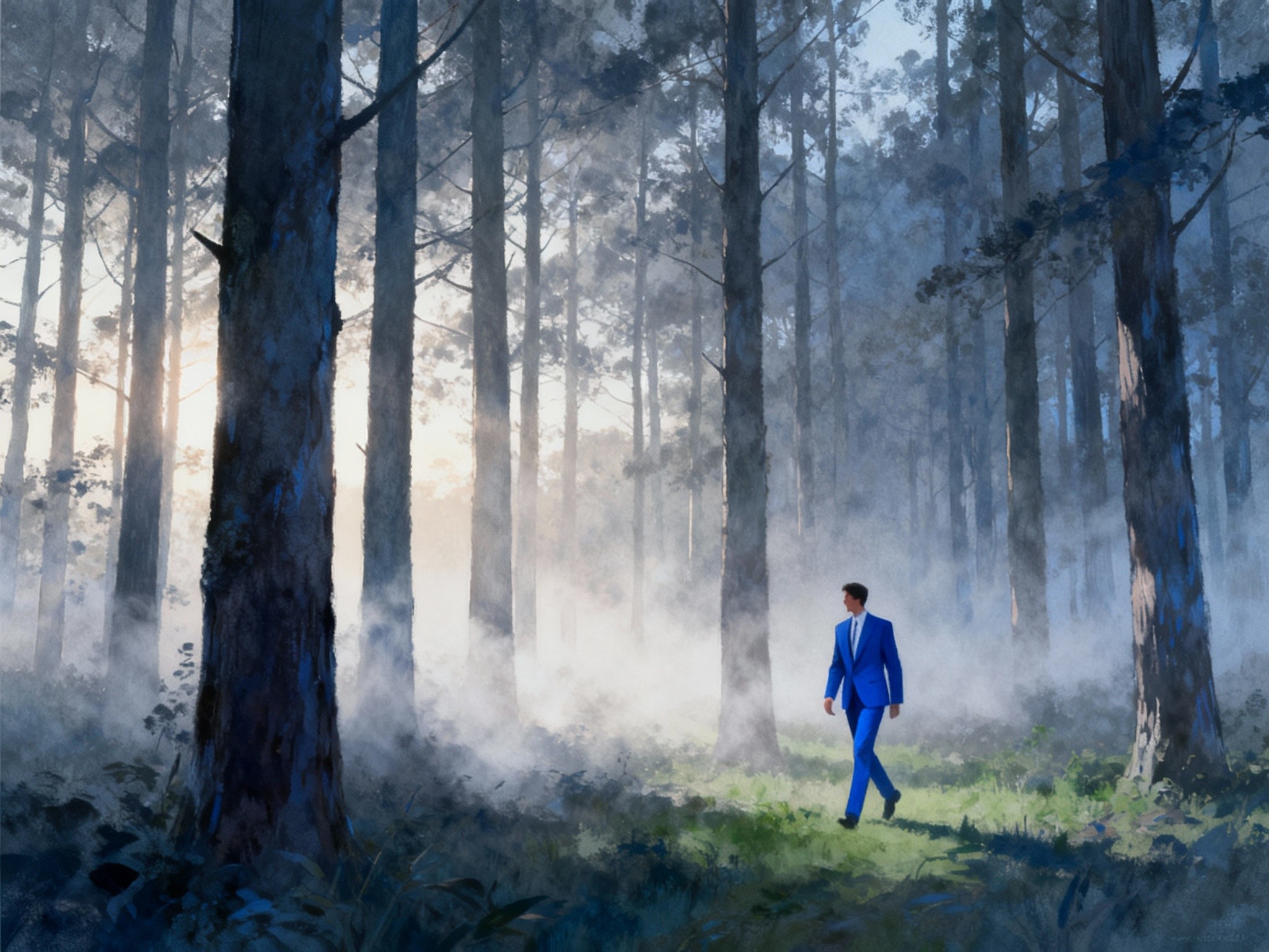 An expansive wide-angle landscape frame of a sleek blue suit-clad figure walking through a misty