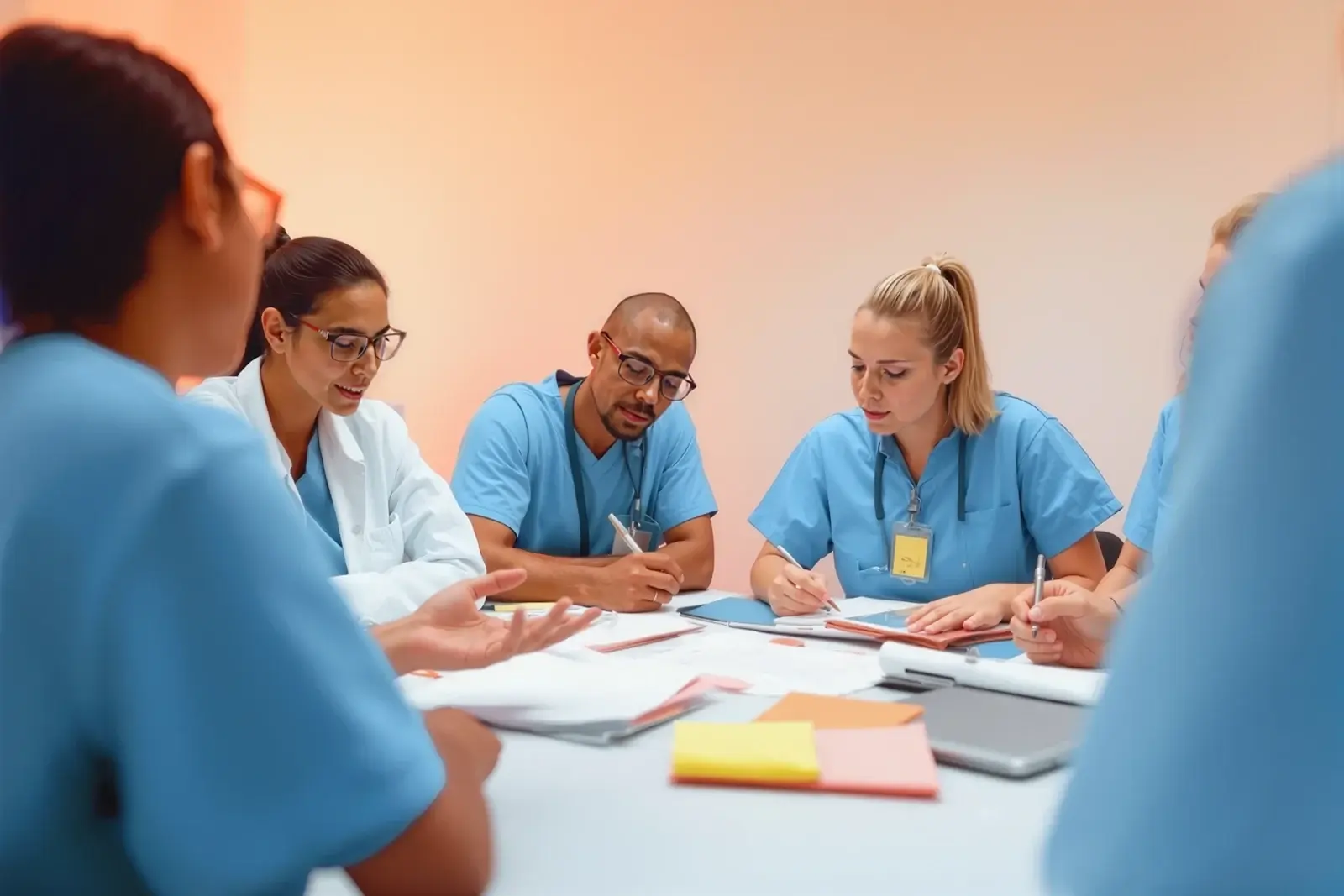 Healthcare training team collaborating over documents, representing Synapti Health’s scalable value based care programs designed for 500–5,000+ providers with mobile-ready modules.