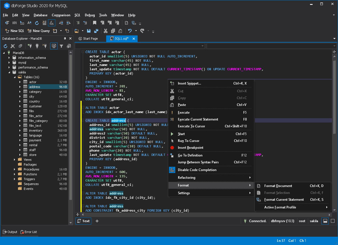 The dbForge Studio interface showing SQL queries.