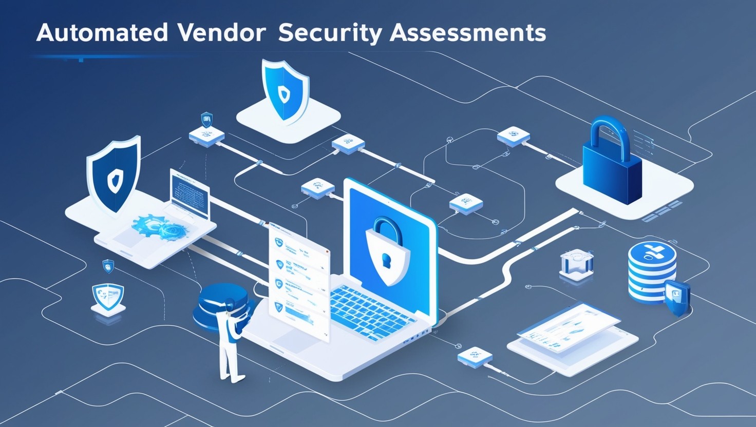 Illustration of automated vendor security assessments with AI and security icons representing streamlined risk management.