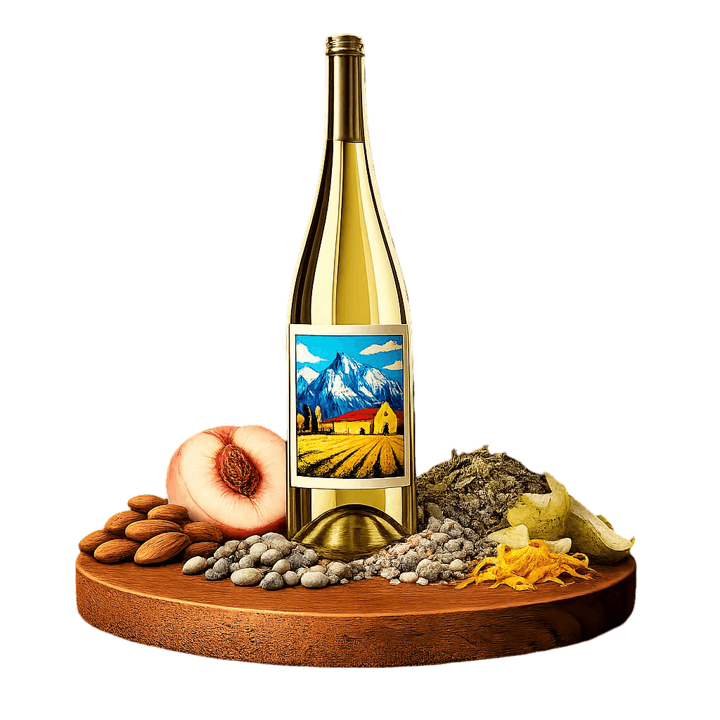 Artistic label and flavor profile for Friuli White on a rustic wooden table.