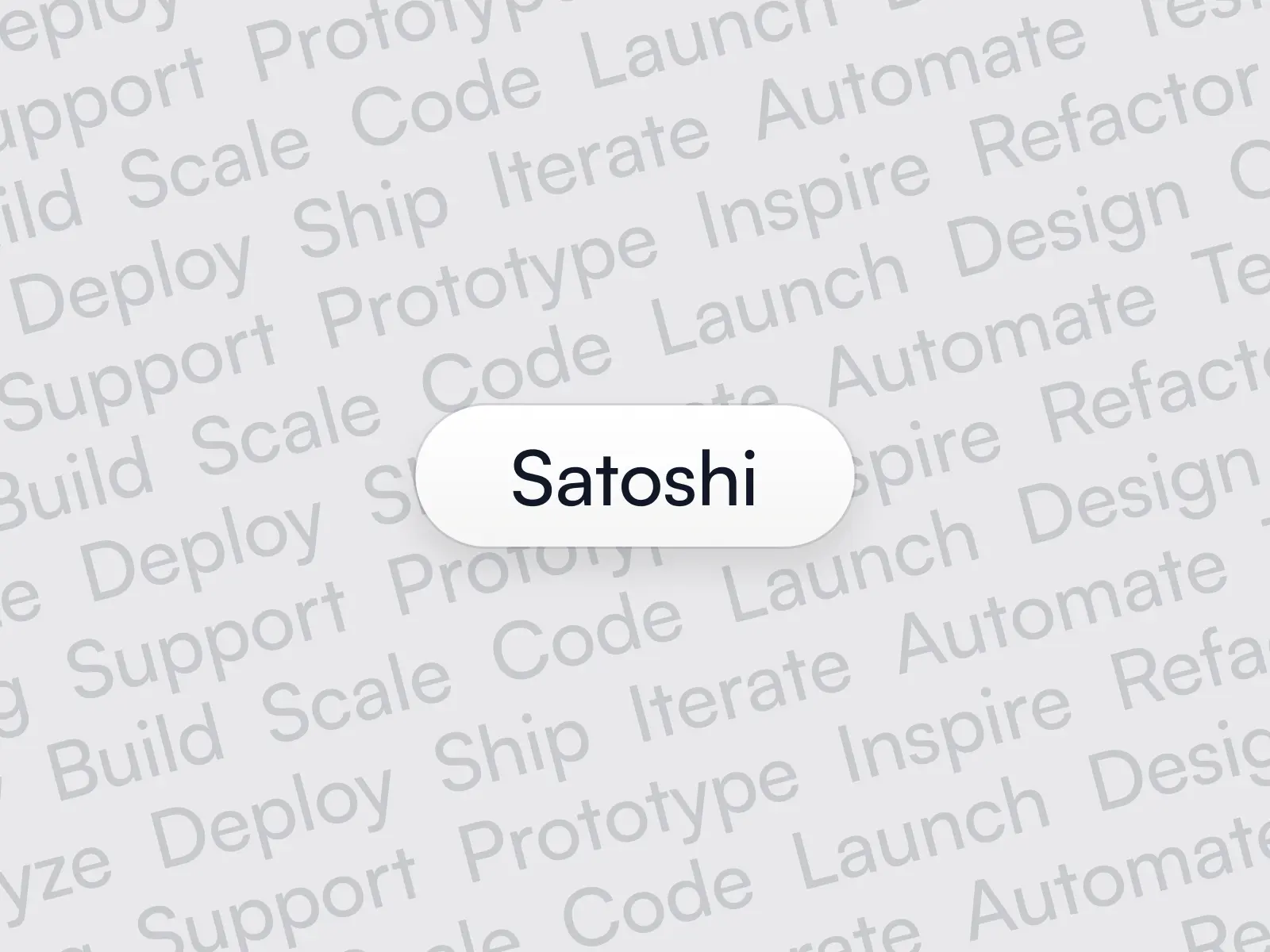 Satoshi font preview with 3D soft UI button on light background with tech terms