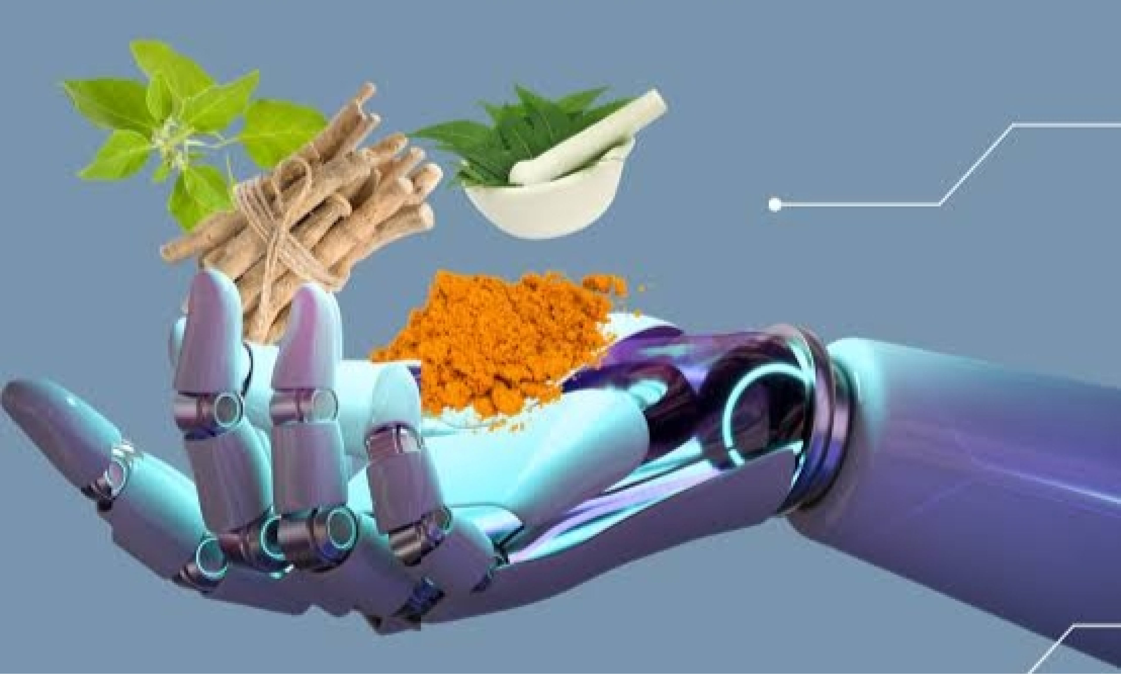 Robotic hand holding Ayurvedic herbs and turmeric