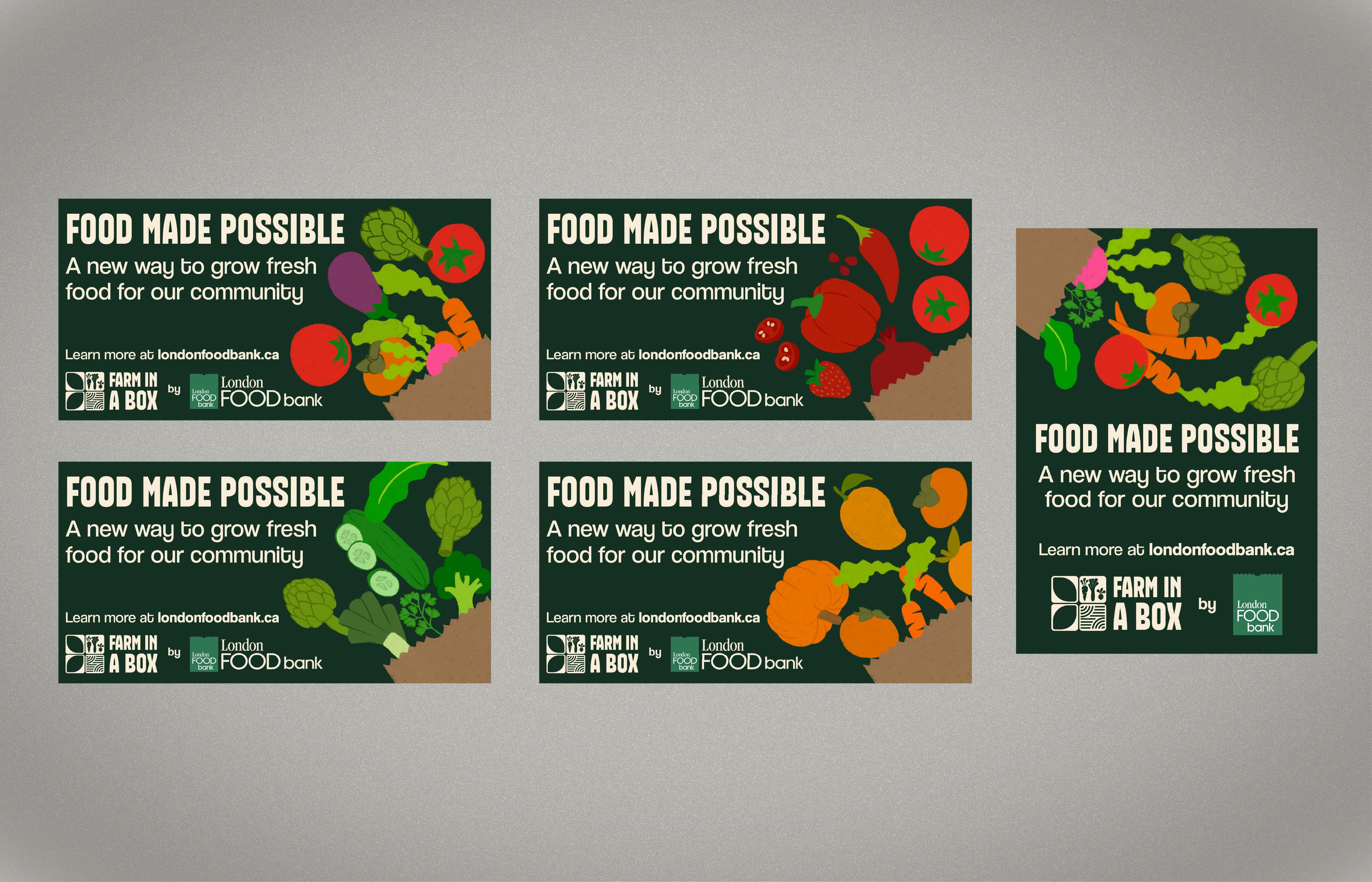 Flat lay of 4 billboard concepts and 1 bus shelter concept done for the new Farm im a Box Initiative for London Food Bank.