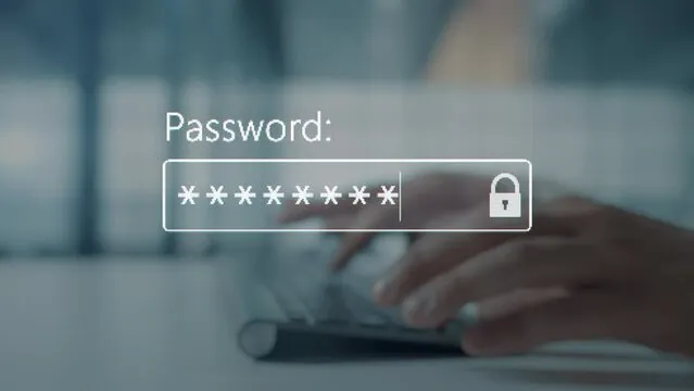 Hands typing on a keyboard behind a superimposed password entry field.
