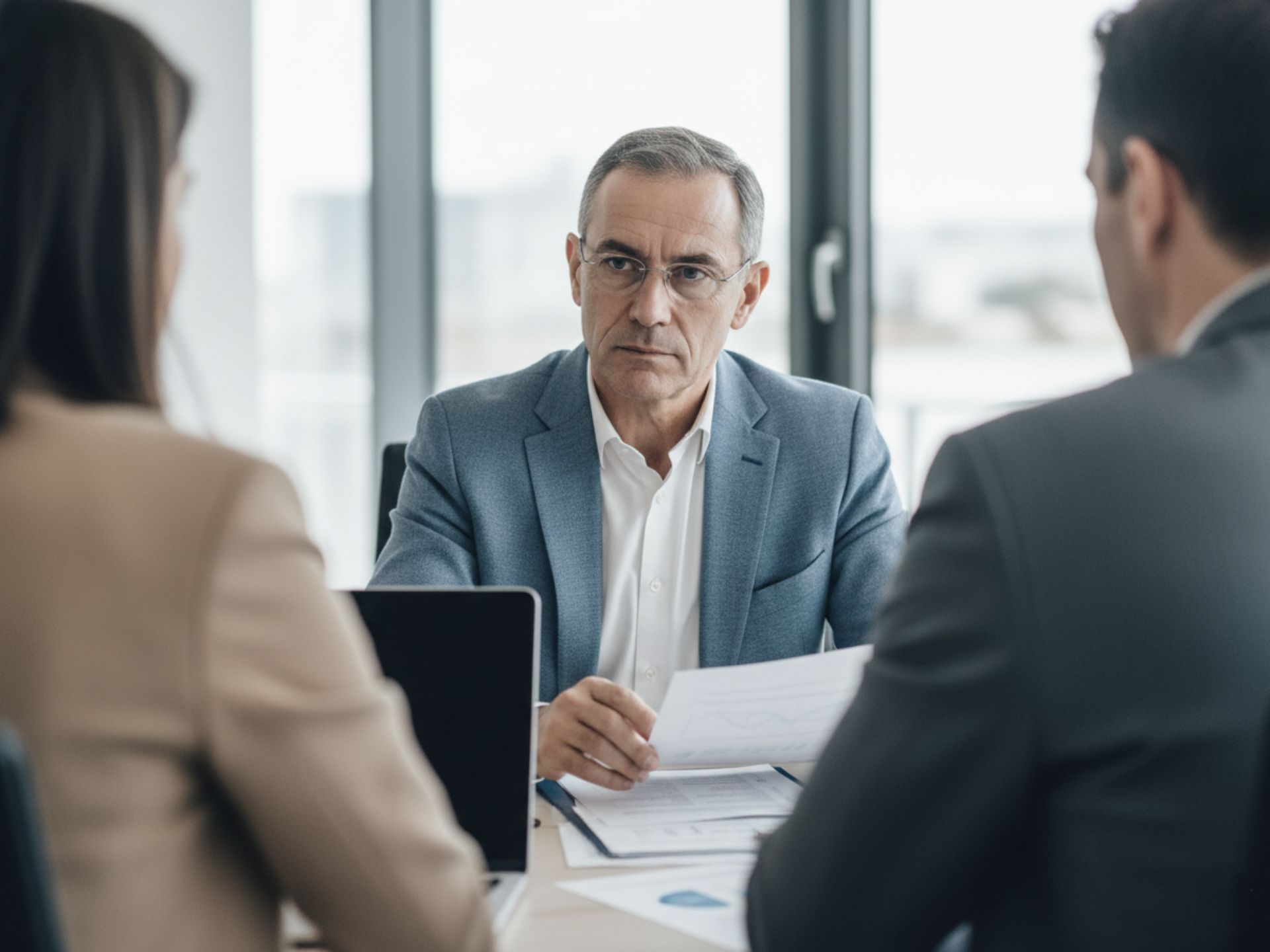 Senior AI consultant leading a strategic board meeting with corporate stakeholders