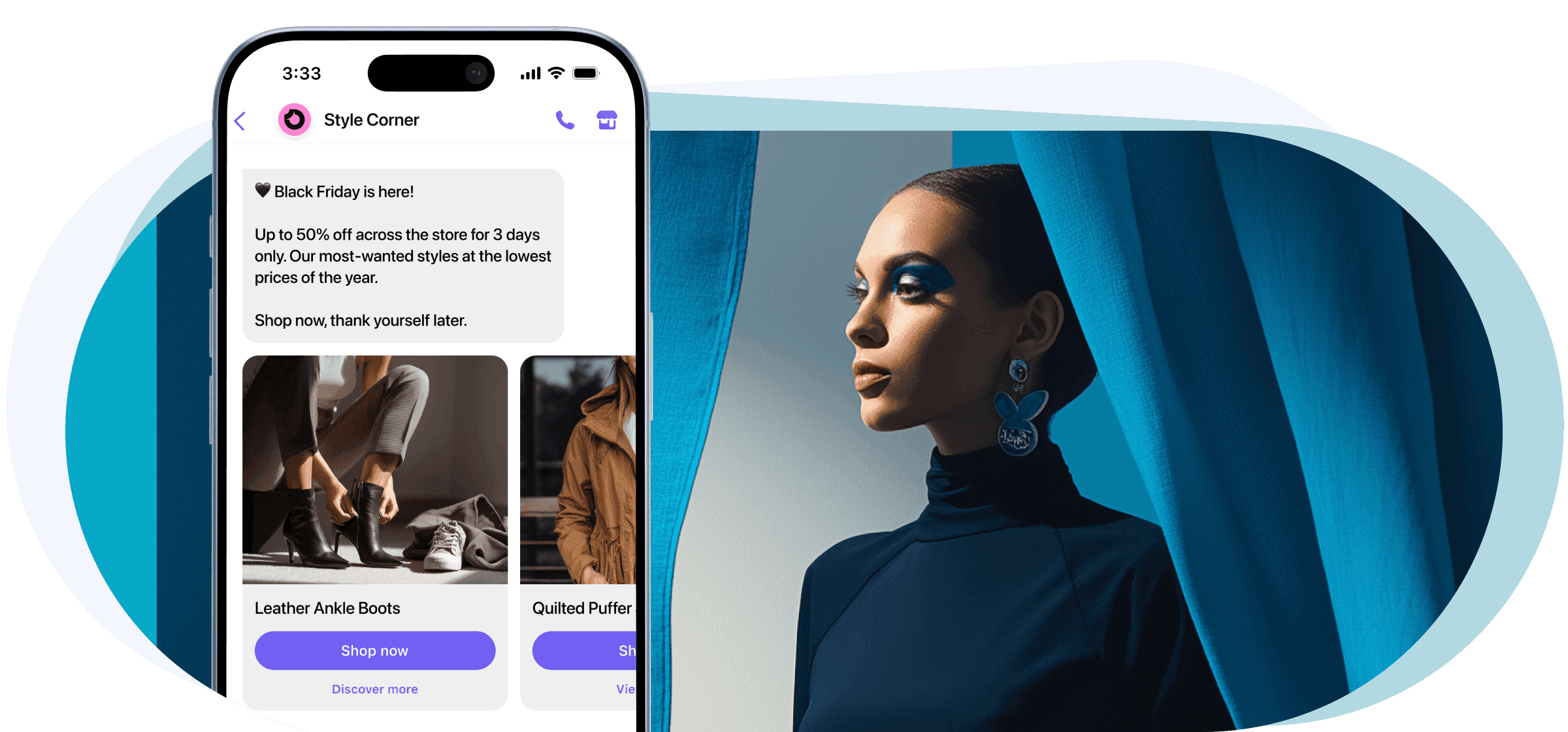 Fashion woman posing with her blue dress. Looking happy and confident with her smartphone screen, which depicts a personalized Viber message related to fashion and apparel product (desktop view)