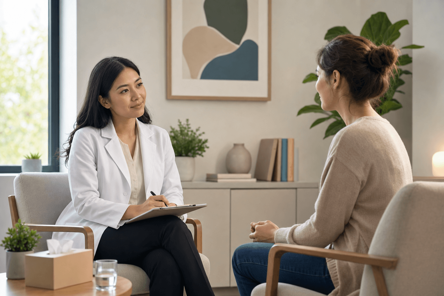 A calm, professional clinical consultation scene showing a healthcare provider and patient in a supportive therapy session, modern medical office setting with soft natural lighting, minimalist professional illustration style, warm and reassuring atmosphere, focus on the respectful therapeutic relationship