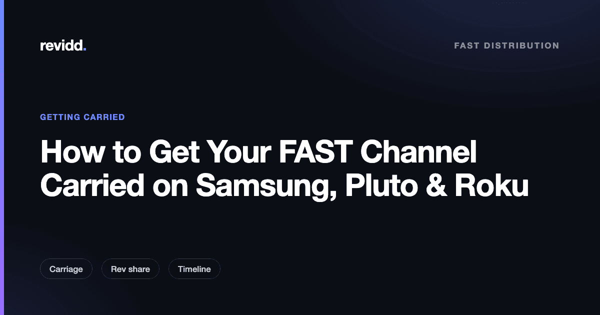 Diagram of a broadcaster's FAST channel feed being distributed to Samsung TV Plus, Pluto TV, and The Roku Channel