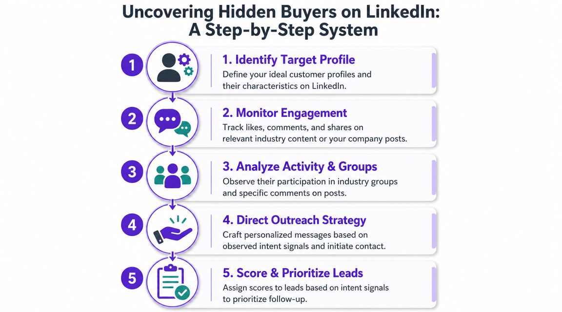 A five-step infographic guide explaining how to uncover and prioritize hidden sales leads on LinkedIn.
