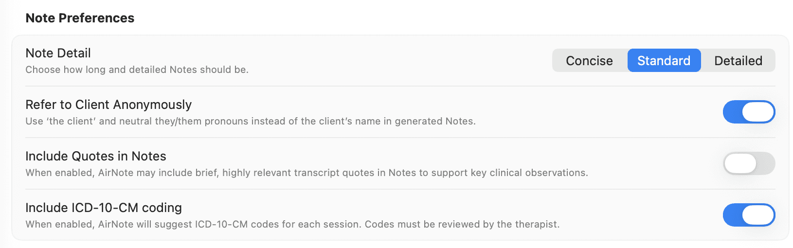 Include ICD-10-CM coding switched on in Note Preferences.
