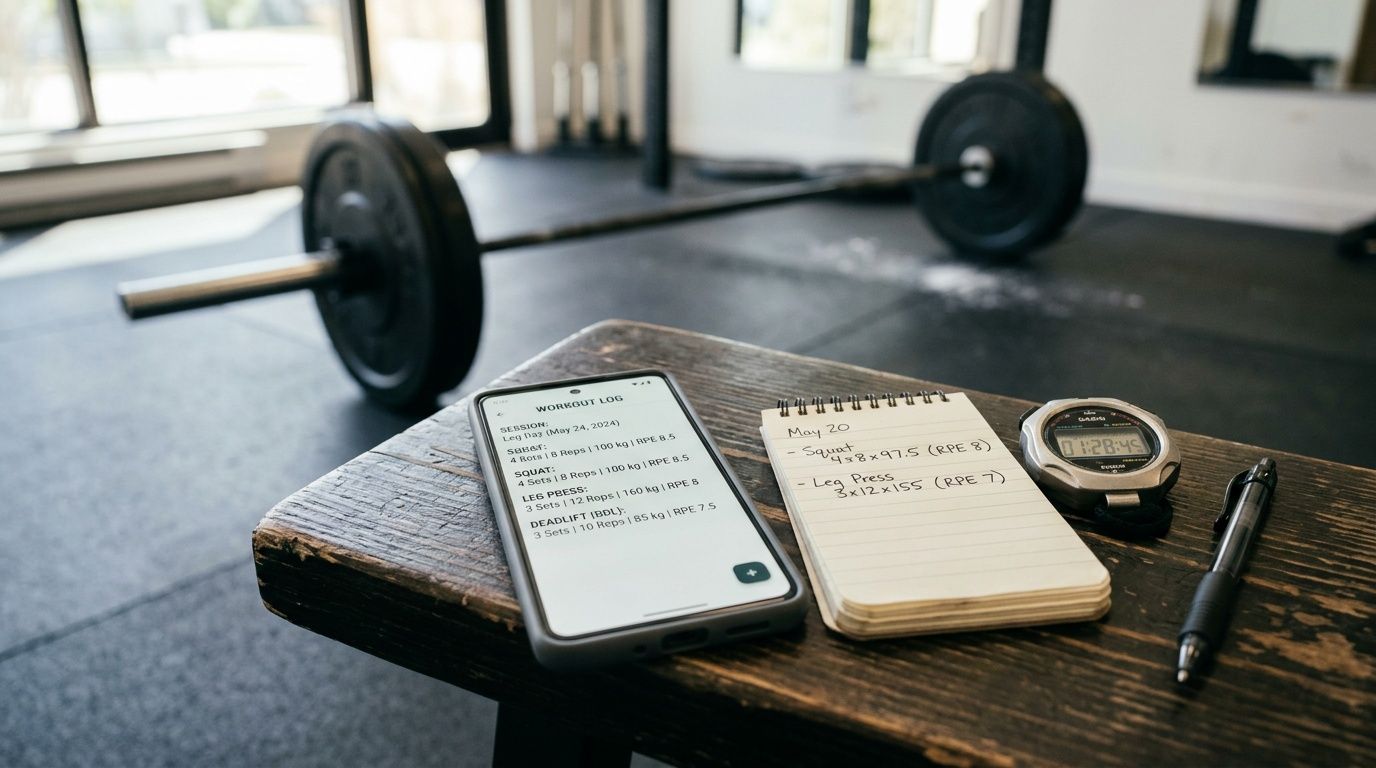 A phone displaying a workout log, a notepad, a pen, and a stopwatch on a wooden gym bench.