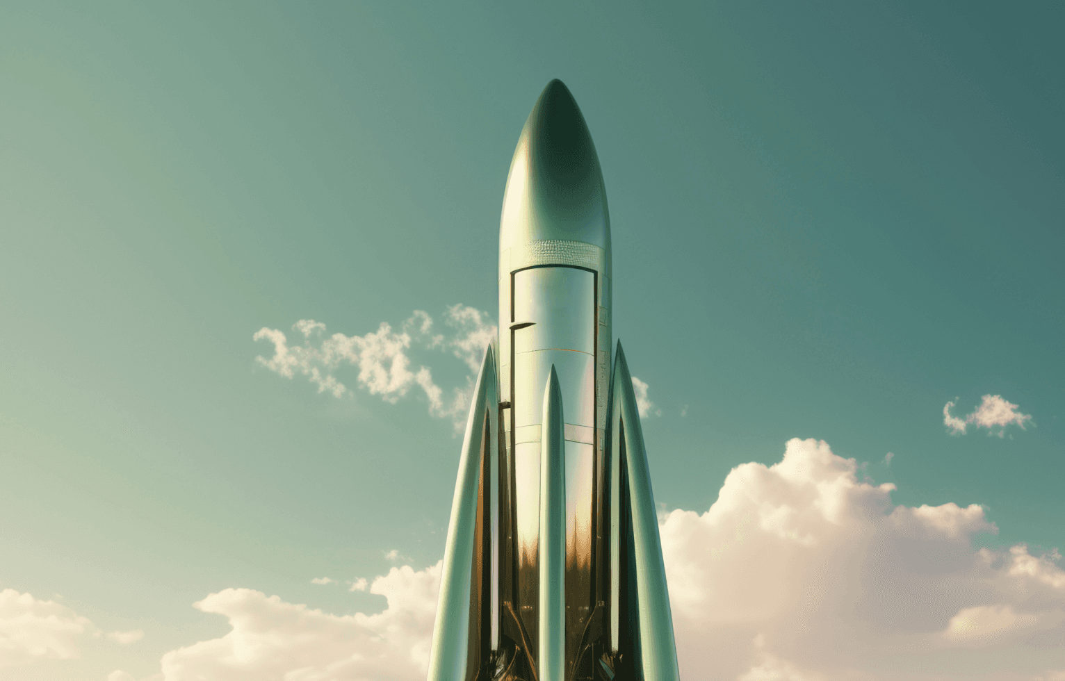 Vintage-style rocket ship against a cloudy sky.