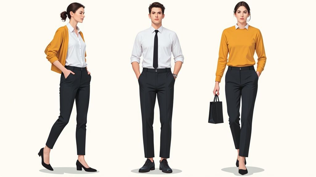 Eine stilvoll gekleidete Frau in einem Business-Outfit blickt professionell in die Kamera.