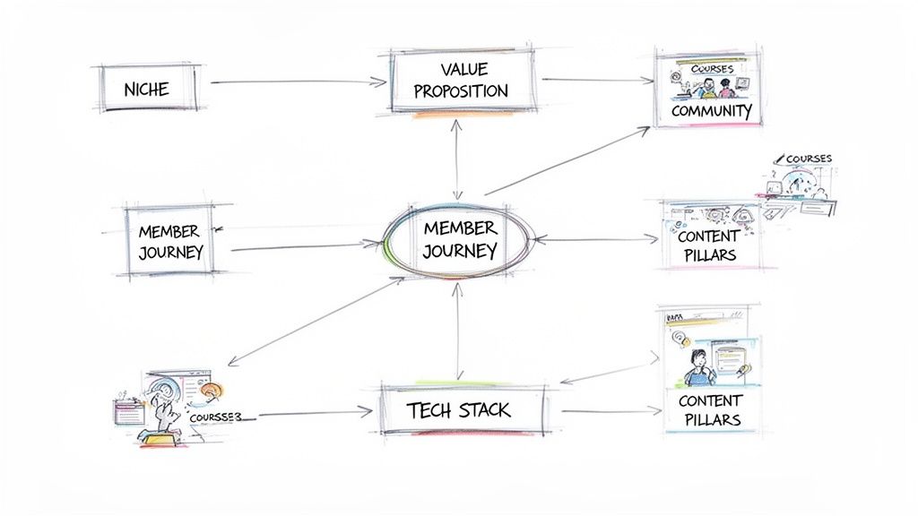 A hand-drawn diagram illustrating key components and their relationships for a successful membership website.