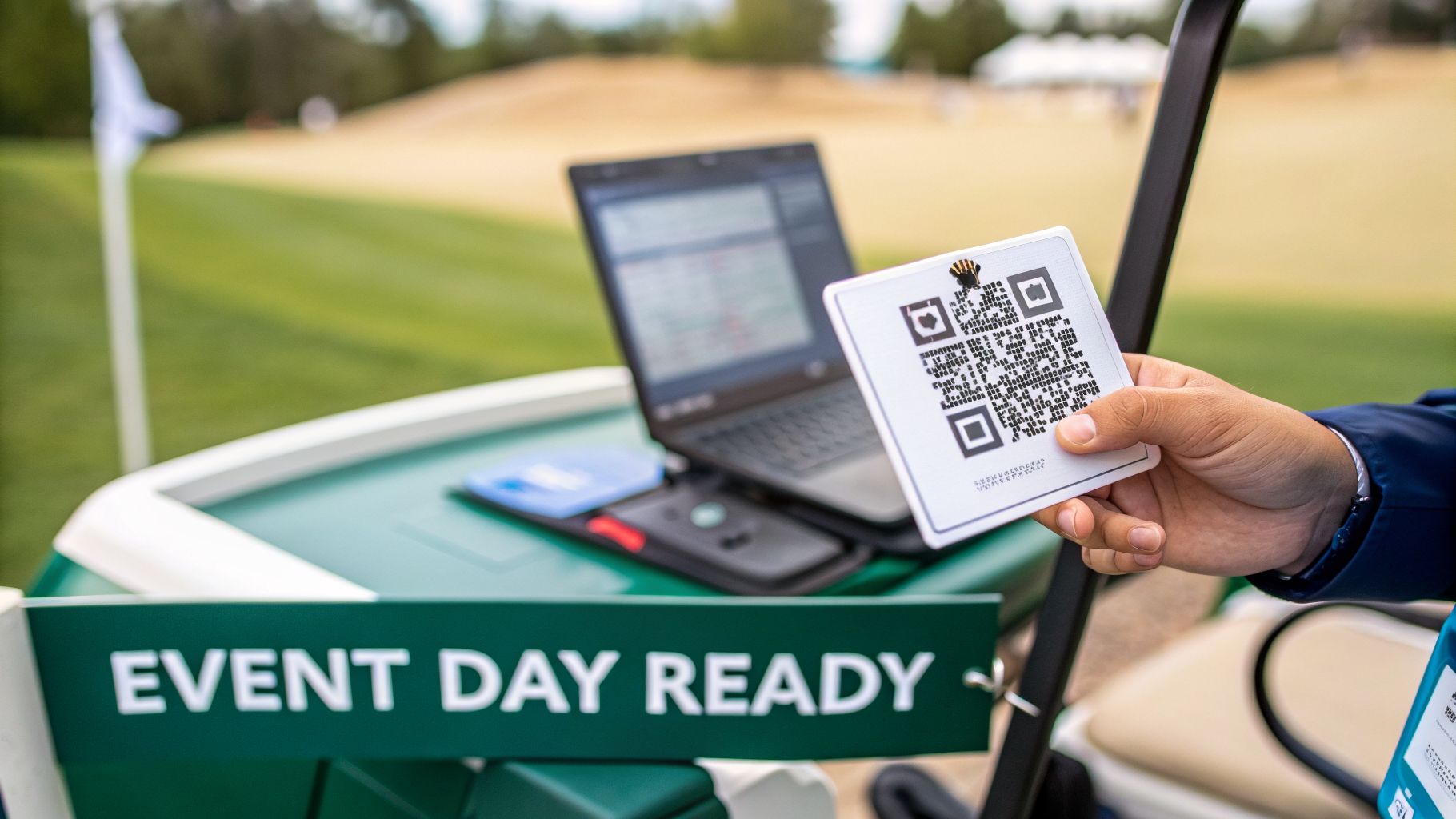 A hand holds a QR code card next to a laptop and an 'EVENT DAY READY' sign at a golf tournament.