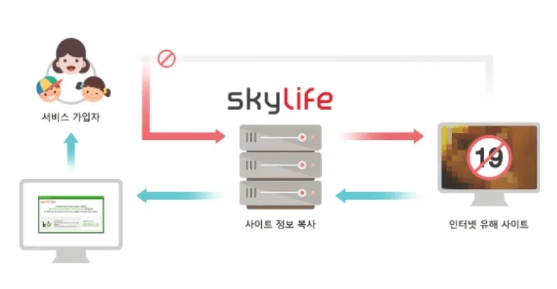 청소년 유해 차단 서비스 프로세스 다이어그램입니다. 스카이라이프 서버를 통해 음란/유해 사이트 접속을 사전에 차단하고 안심 화면을 띄워 자녀를 보호하는 구조를 설명합니다.