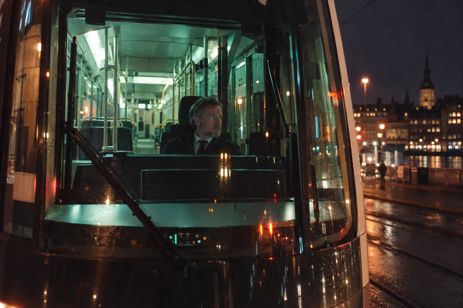 A tram driver seen through the windscreen in teal light, on a wet street.