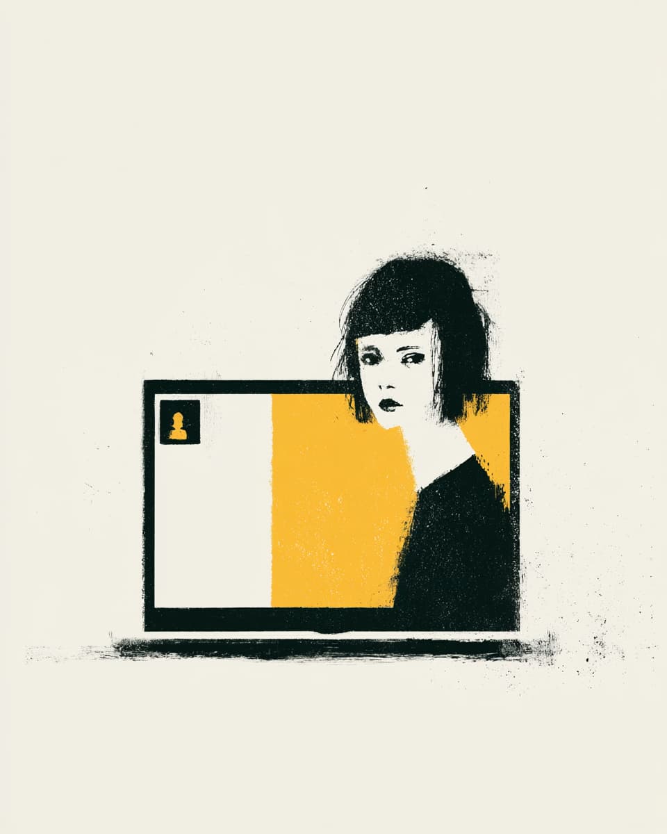 Illustration einer Frau im Laptop. Videokonferenz, Online-Treffen oder Home-Office-Konzept. Kunstwerk mit gelbem Hintergrund.
