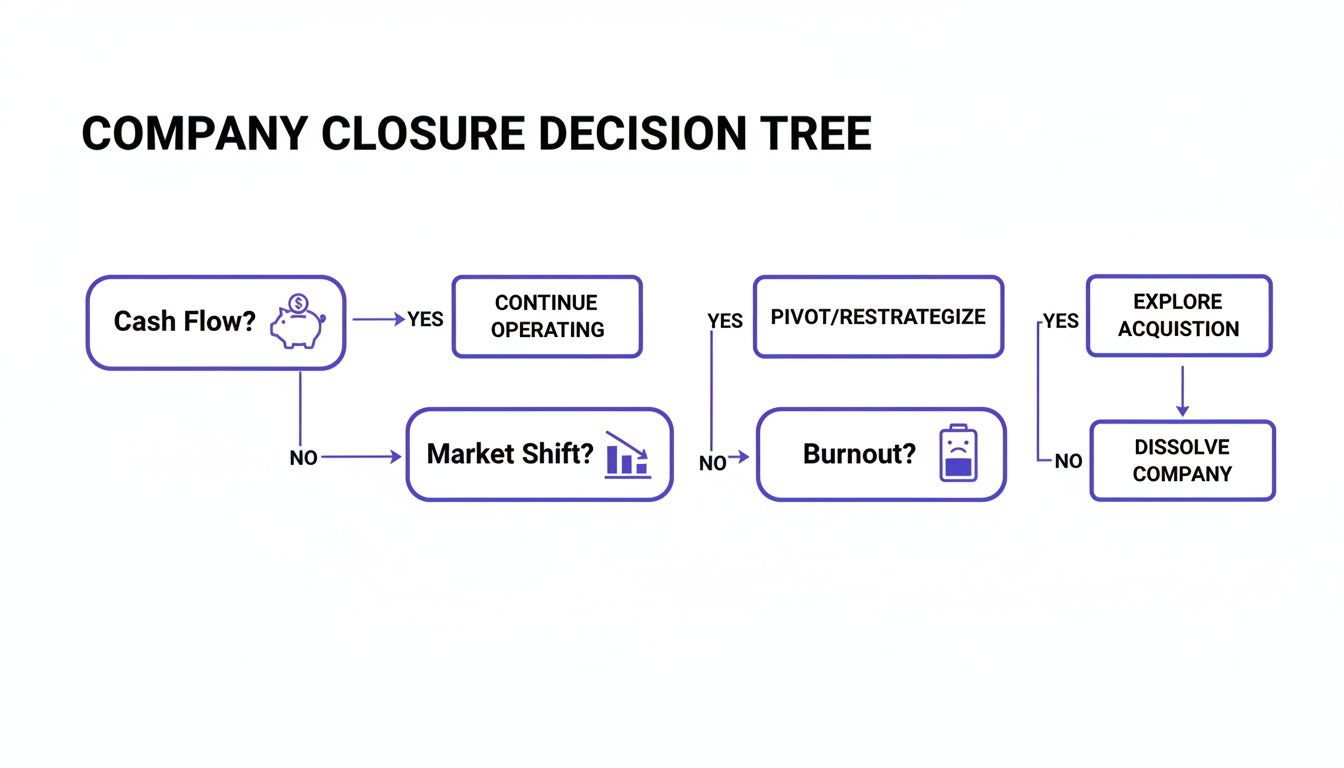 Decision tree illustrating company closure considerations, including cash flow, market shifts, and burnout, leading to various outcomes.