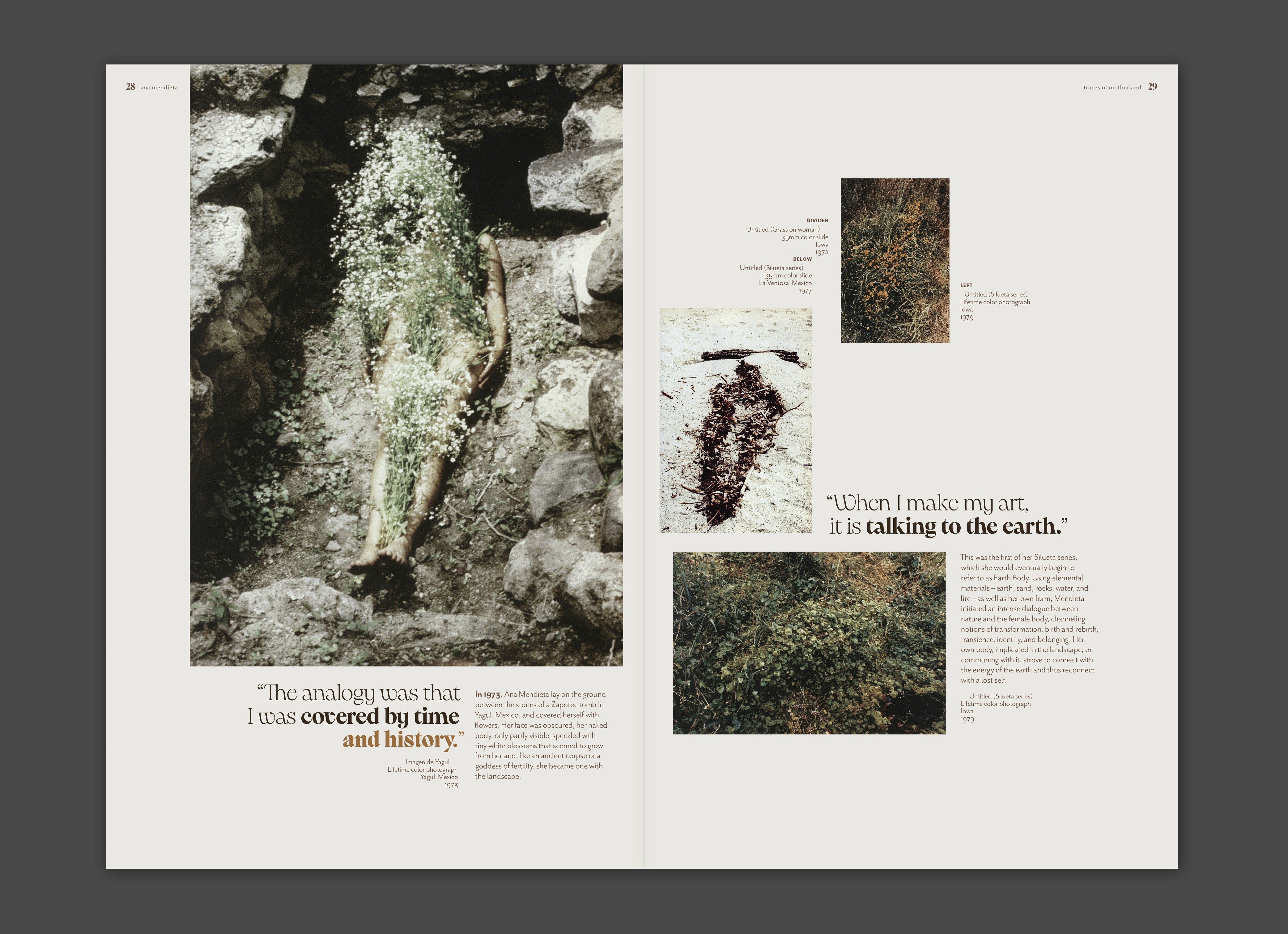 Book spread sample, utilizing contrasting type and indentation to create island-like forms with text rags around images.