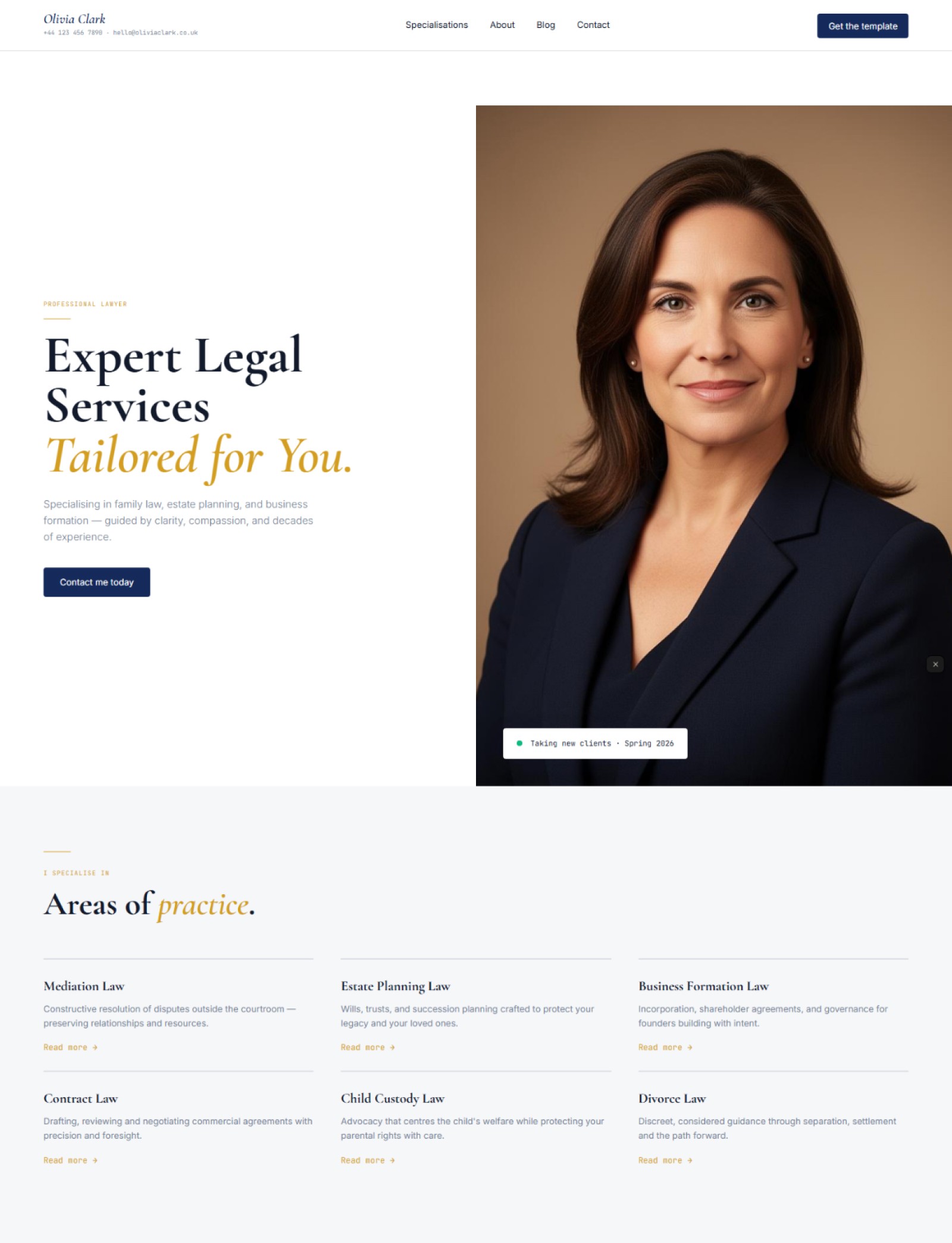 Lawyer website prompt — clean white and navy with gold accents boutique law firm design preview