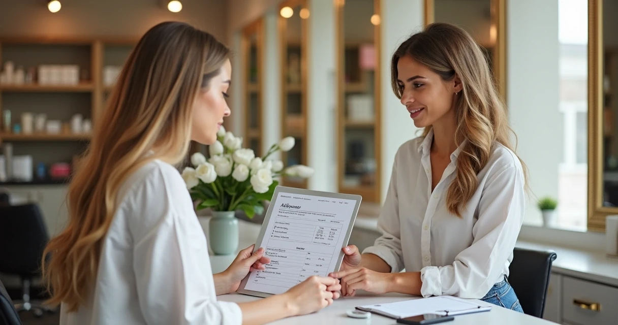 Recepcionista de salão explicando serviço no balcão 