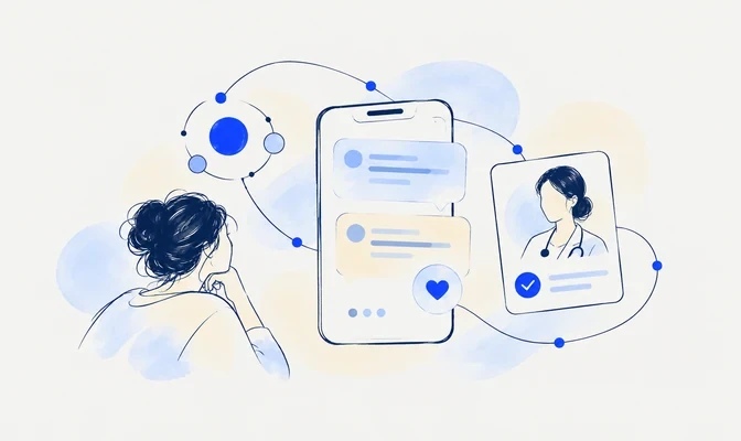 AI assistants in health apps in fine navy linework with cobalt accents and pale watercolor washes.