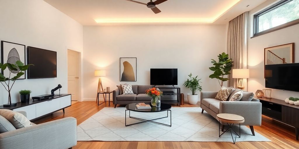 Modern staged living room with elegant furniture and decor.