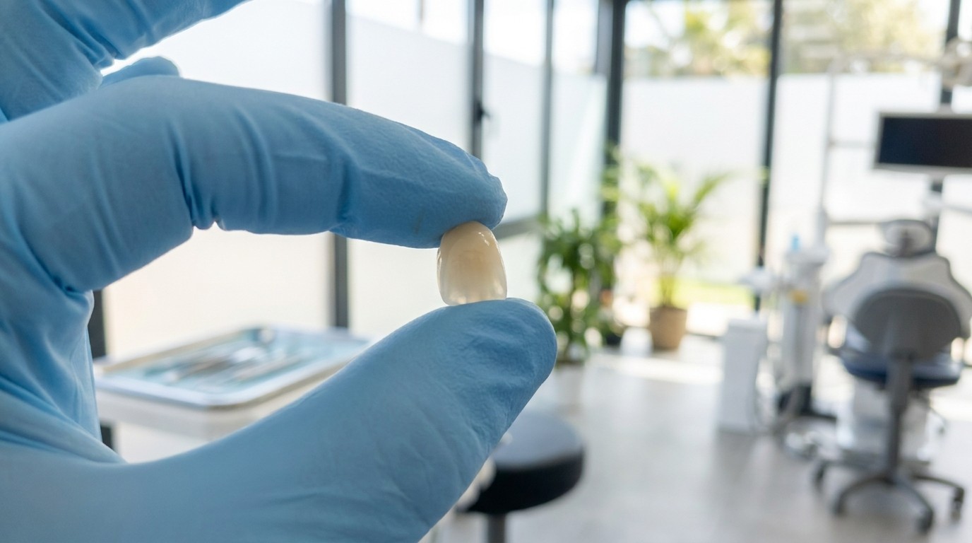 A single tooth-colored porcelain crown held in a dentist's gloved fingertips inside a bright modern clinic.