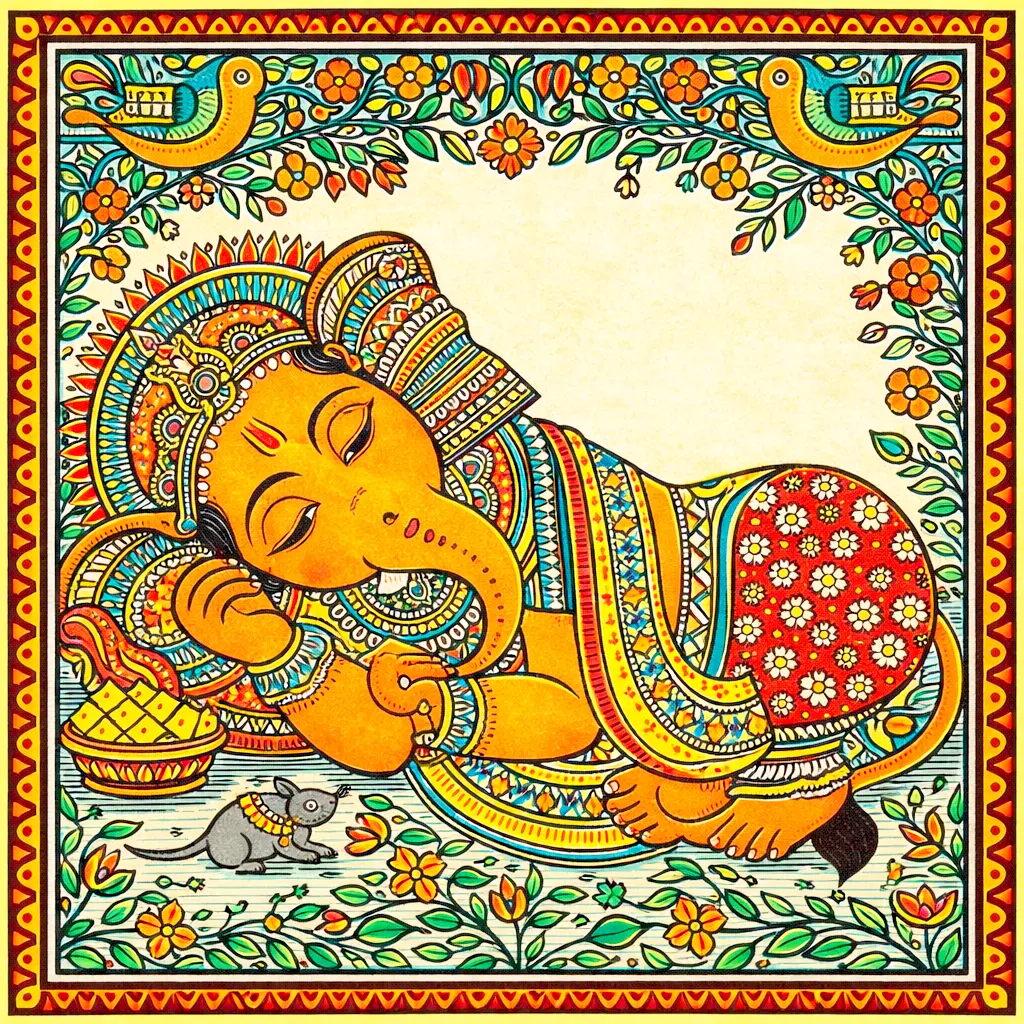 Sleeping Ganesha in traditional Madhubani folk art