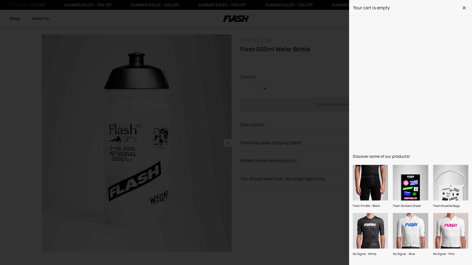 Side cart interface showing a large product image of a branded Flash water bottle on the left, with recommended products in a grid on the right.