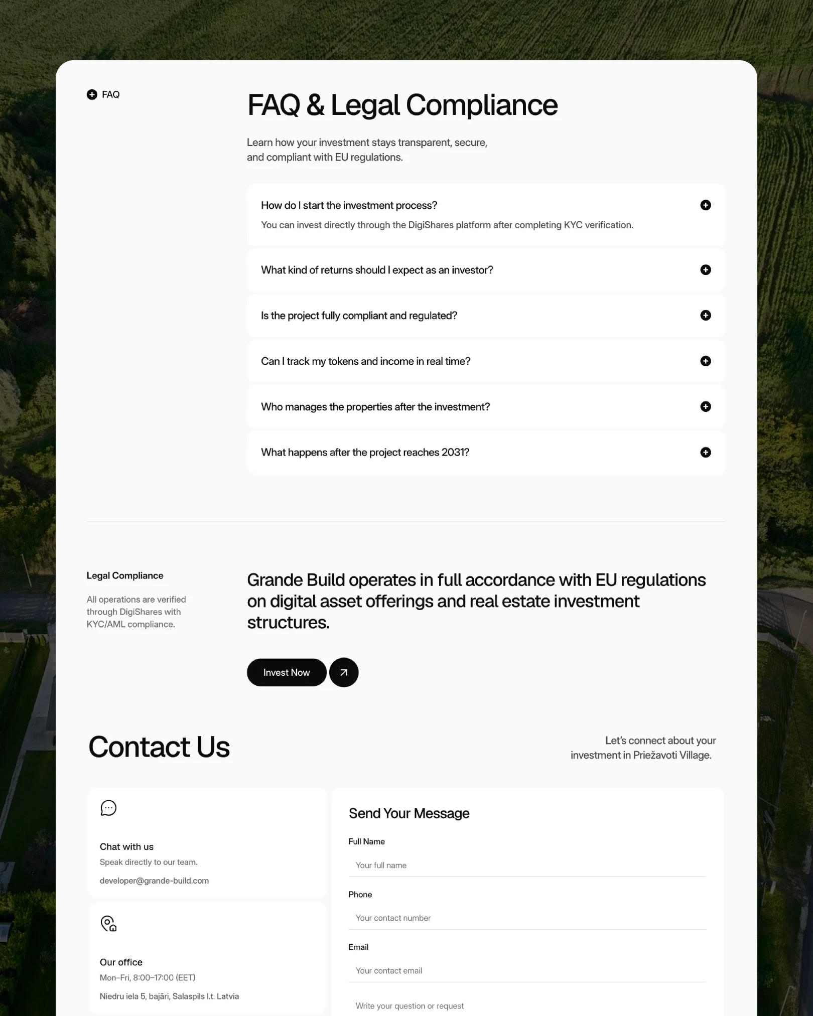 Grande Build FAQ, legal compliance and contact section, light real estate layout — web design by Luna UI design studio